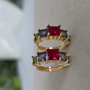 Gold Filled Multicolor Square Crystal Huggie Hoop Earrings
